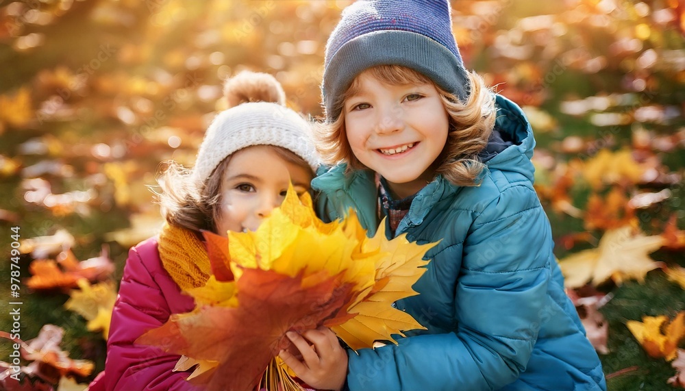 Children play with the colorful leaves in autumn Children play with the colorful leaves in autumn