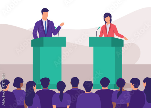 Male And Female Presidential Candidates Debating On Stage In Front Of A Group Of Supporter.