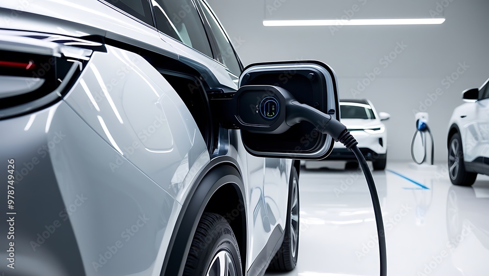 Eco friendly green energy vehicle, Close-up modern electric plug-in hybrid car parked near fast charger charging station point Eco friendly green energy vehicle, Close-up modern electric plug-in hybrid car parked near fast charger charging station point