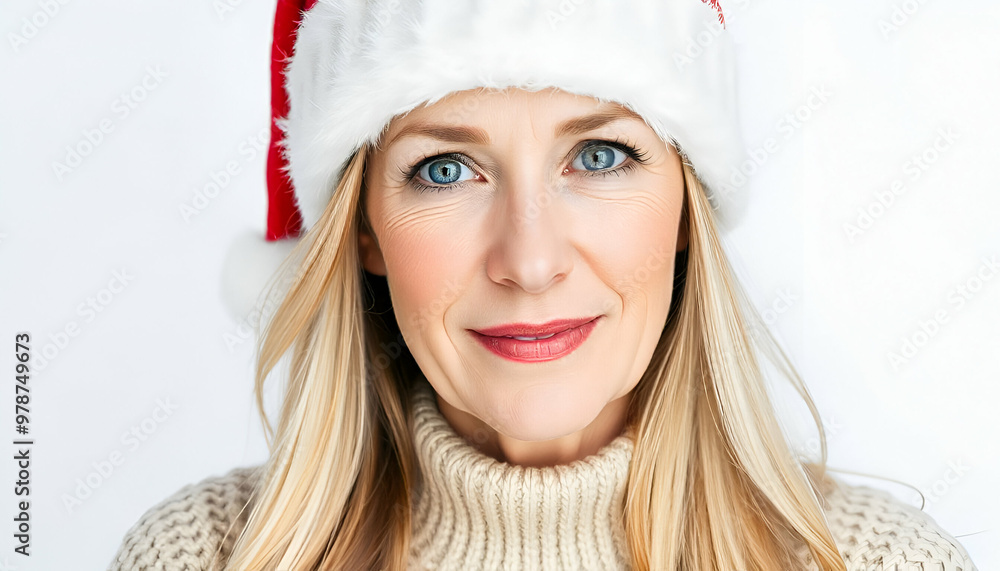 Caucasian woman in middle age, with long blonde hair and a Santa hat, is smiling toward the camera. White background Caucasian woman in middle age, with long blonde hair and a Santa hat, is smiling toward the camera. White background