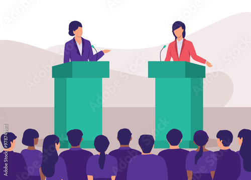 Two Female Presidential Candidates Debating On Stage In Front Of A Group Of Supporter.