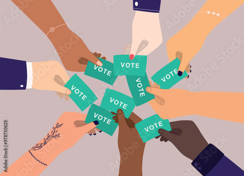 Diverse Group Of Human’s Hand Holding Voting Ballot.