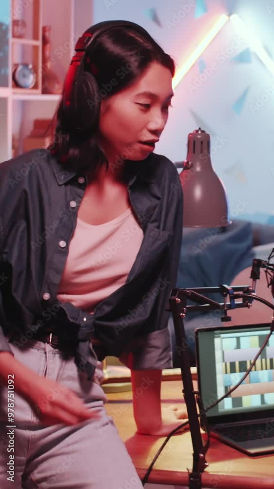 Vertical shot of young Asian female singer in headphones standing in colourfully lit studio, listening to music and preparing to record song with assistance of sound engineer Vertical shot of young Asian female singer in headphones standing in colourfully lit studio, listening to music and preparing to record song with assistance of sound engineer
