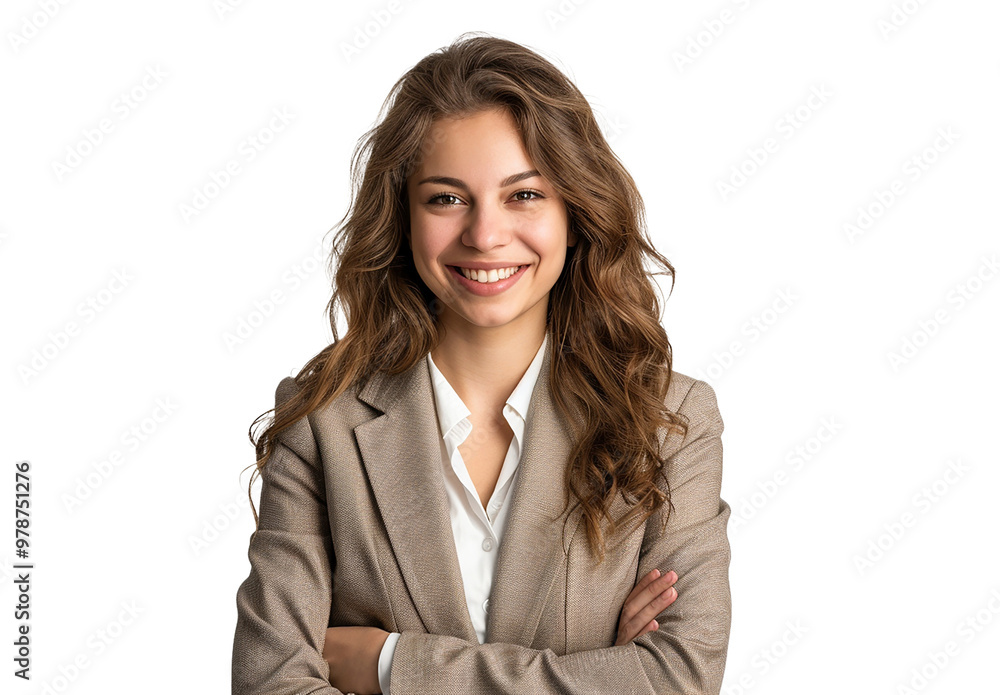 Young Business Woman with Arms Crossed, Wearing a Coat on a White Background Young Business Woman with Arms Crossed, Wearing a Coat on a White Background