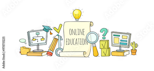 Cartoon workplace with computer stationery. Doodle cute miniature about education and e-learning. Hand drawn cartoon vector illustration for school subject design.