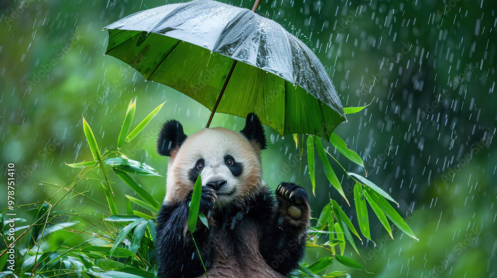Obraz premium Adorable panda tilts in bamboo forest, clutching a leaf as an umbrella, symbolizing human-nature harmony amidst rain.