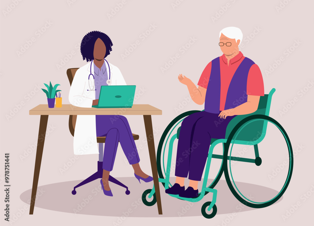 Disabled Elderly Man In Wheelchair Seeing A Female Doctor. Disabled Elderly Man In Wheelchair Seeing A Female Doctor.