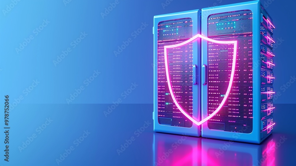 Fototapeta premium Stylish data server with neon shield symbol representing advanced cybersecurity and data protection technology.
