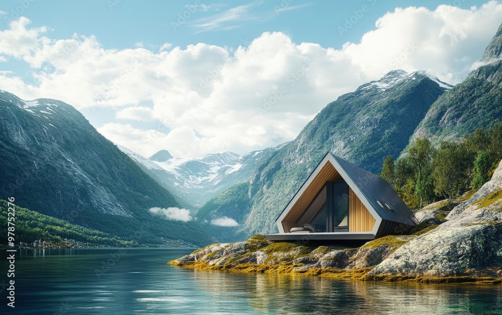 Fototapeta premium House in norway among mountains and fjords. Sunny day futuristic and hi-tech design of a small modern house. advertising photo.