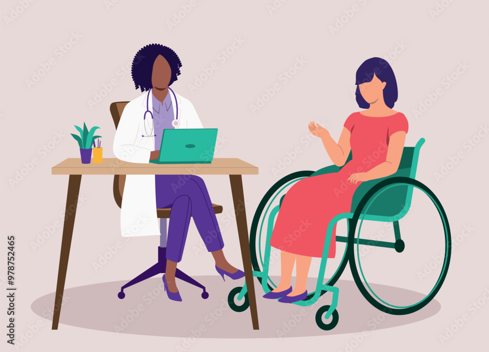 Disabled Young Woman In Wheelchair Seeing A Female Doctor. Disabled Young Woman In Wheelchair Seeing A Female Doctor.
