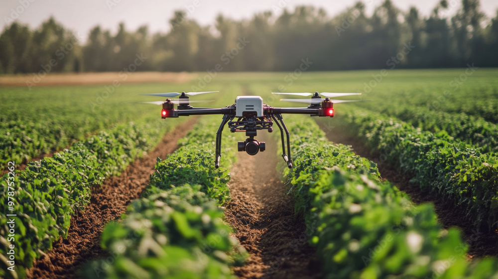 A drone is spraying crops in smart farm, showcasing modern agriculture technology A drone is spraying crops in smart farm, showcasing modern agriculture technology