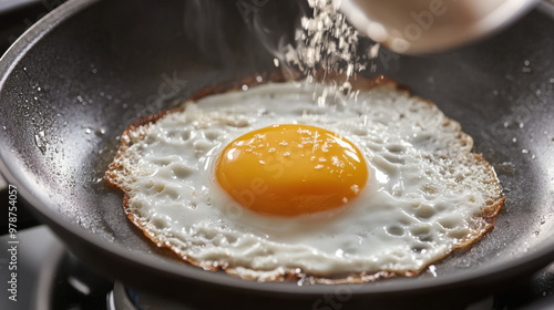 A close up of perfectly fried egg in pan, showcasing its vibrant yolk and crispy edges