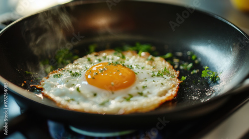 A delicious plant based egg substitute is sizzling in pan, garnished with herbs