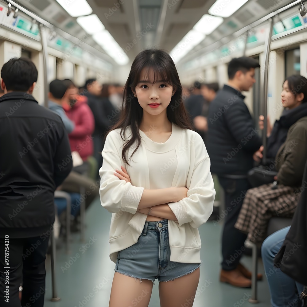 girl standing in metro and posing for a photo girl standing in metro and posing for a photo