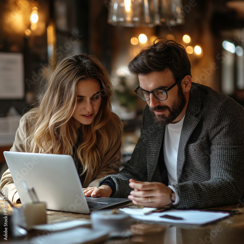 Businesswoman and Businessman executive using Laptop