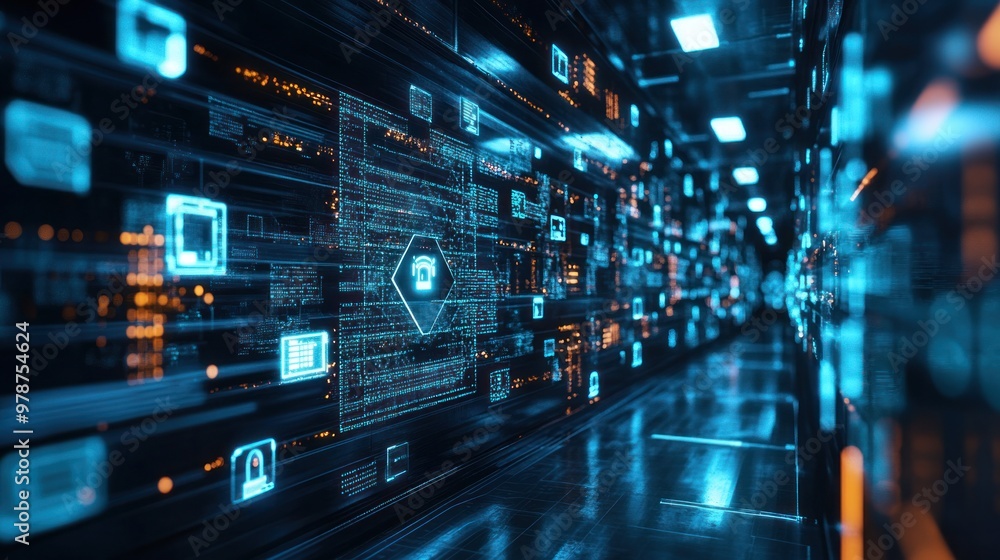 A visual of data security measures in a high-tech environment, with layers of digital firewalls and encryption symbols A visual of data security measures in a high-tech environment, with layers of digital firewalls and encryption symbols