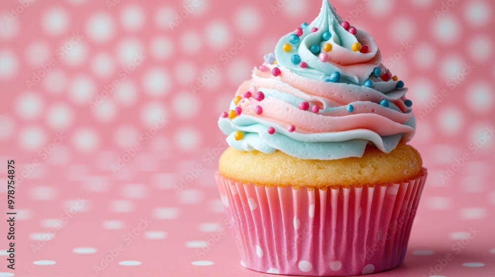 Delicious cupcake with pastel frosting and colorful sprinkles, set against a playful pink polka dot background. Delicious cupcake with pastel frosting and colorful sprinkles, set against a playful pink polka dot background.