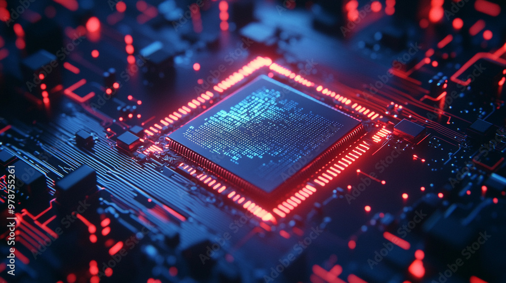 A close-up view of a glowing microprocessor on a circuit board with intricate details A close-up view of a glowing microprocessor on a circuit board with intricate details