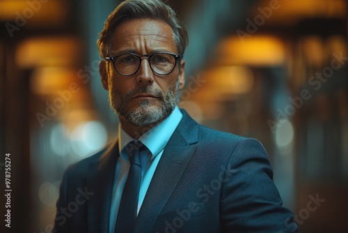 Confident businessman in a suit poses with a serious expression in an urban setting with warm lighting during the evening