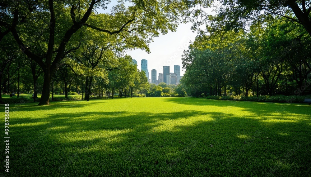 A peaceful urban park scene, showcasing vibrant greenery with a beautiful city skyline in the background. A peaceful urban park scene, showcasing vibrant greenery with a beautiful city skyline in the background.