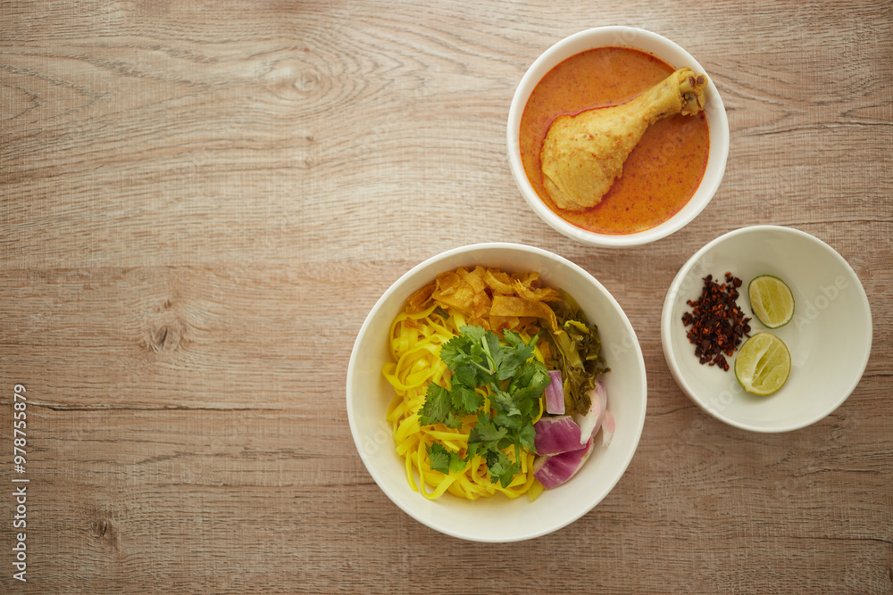 Top view of Rice noodle with chicken and curry in white bowl on wooden background, Khao soi a famous northern Thai food Top view of Rice noodle with chicken and curry in white bowl on wooden background, Khao soi a famous northern Thai food