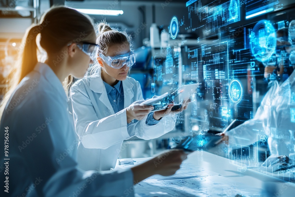 Male and female engineers reviewing production blueprints for electronic devices in a clean biotech facility, with digital metaverse data in the background Male and female engineers reviewing production blueprints for electronic devices in a clean biotech facility, with digital metaverse data in the background