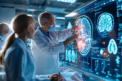 Researchers in a neuroscience facility having a meeting, with data projections of brain activity and viral medical content in the background photo