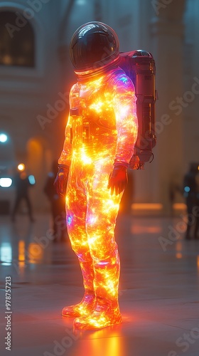 Futuristic Astronaut with Glowing Suit in Sci-Fi City Scene photo