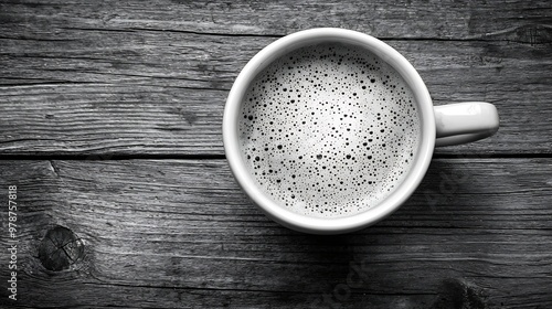 Cup of Coffee on Wooden Table Black and White Photograph Top View : Generative AI photo