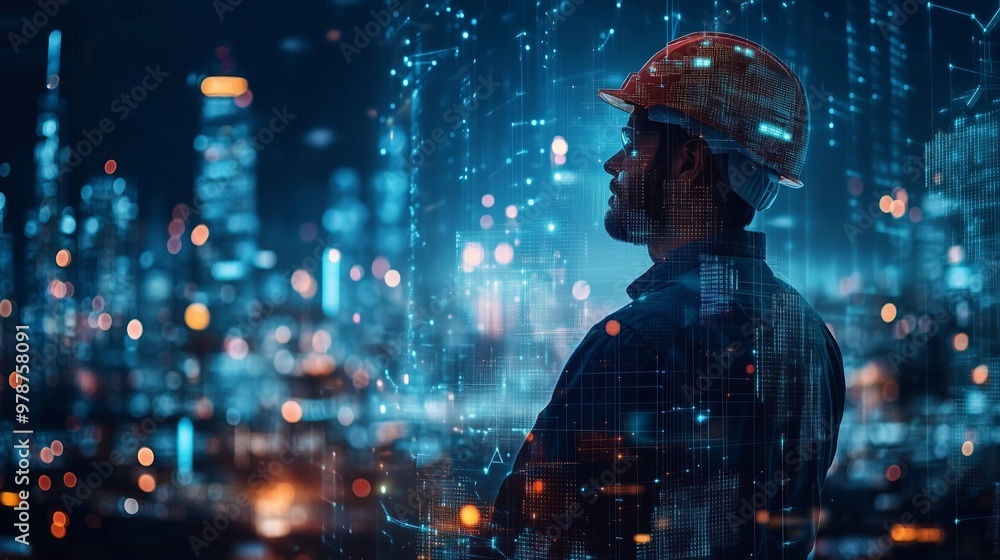 Digital world smart city, engineer working with digital technology security control power energy and sustainable resource environment technology Digital world smart city, engineer working with digital technology security control power energy and sustainable resource environment technology
