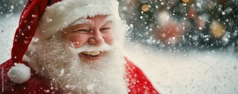 A joyful Santa Claus laughing amidst a snowy scene, embodying the spirit of Christmas and holiday cheer. A joyful Santa Claus laughing amidst a snowy scene, embodying the spirit of Christmas and holiday cheer.