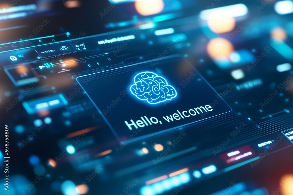 A digital screen presents an AI chatbot interface featuring a blue brain icon and the message A digital screen presents an AI chatbot interface featuring a blue brain icon and the message