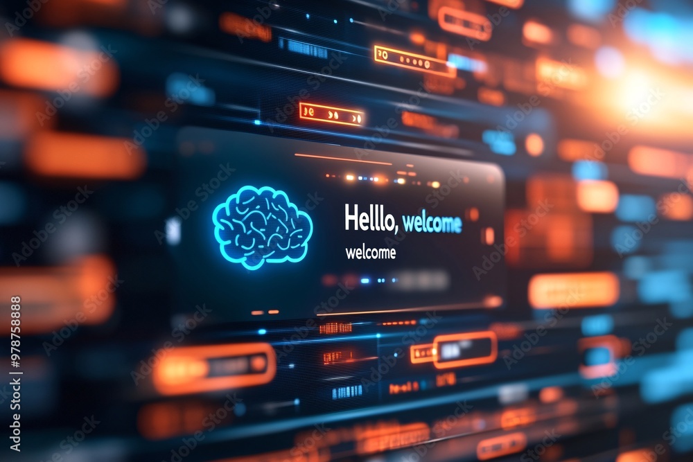 A digital screen presents an AI chatbot interface featuring a blue brain icon and the message A digital screen presents an AI chatbot interface featuring a blue brain icon and the message