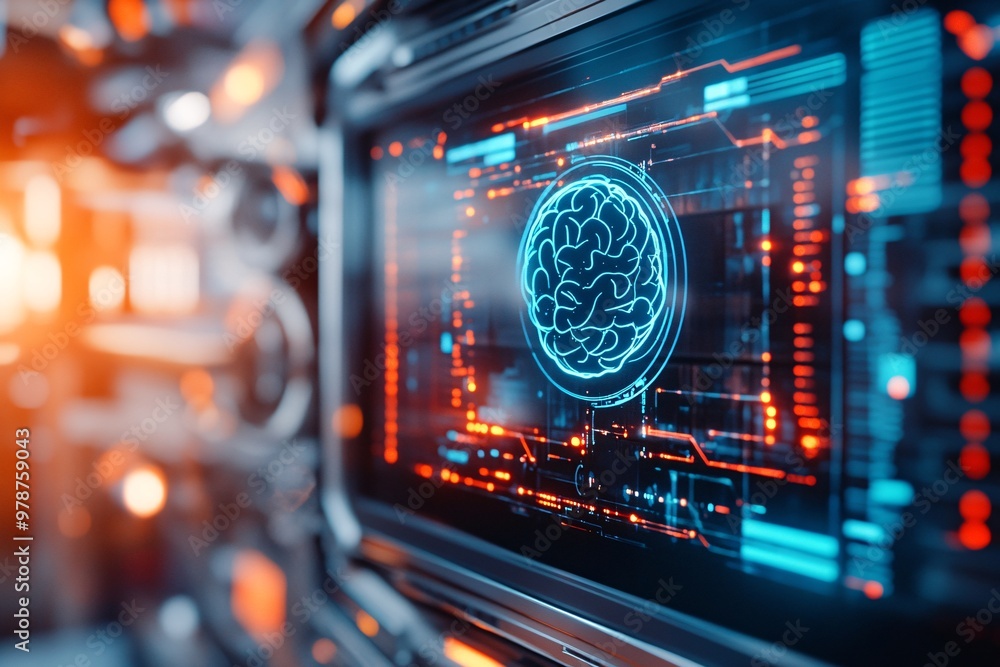 A large sci-fi themed digital display shows a chatbot interface with an abstract brain icon in blue. In the background, a futuristic server room with glowing data cables and technology infrastructure A large sci-fi themed digital display shows a chatbot interface with an abstract brain icon in blue. In the background, a futuristic server room with glowing data cables and technology infrastructure