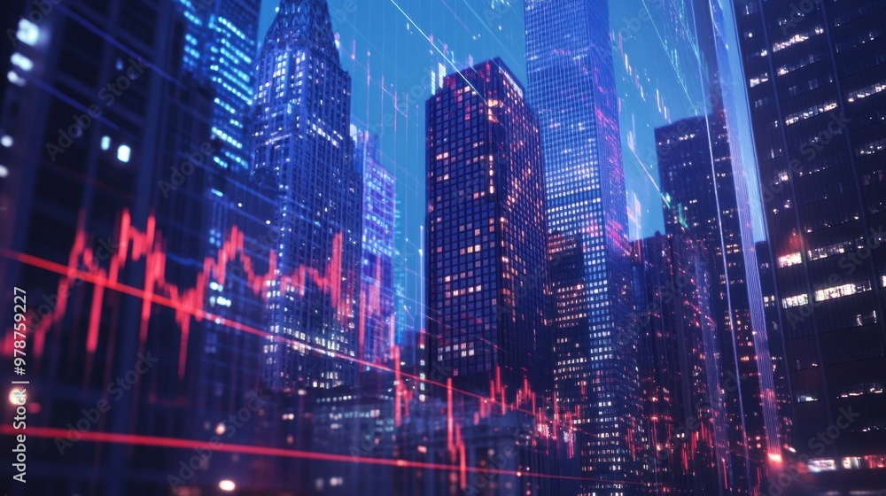 New York City skyscrapers with a glowing forex trading chart overlay, representing market trends and global commerce. New York City skyscrapers with a glowing forex trading chart overlay, representing market trends and global commerce.