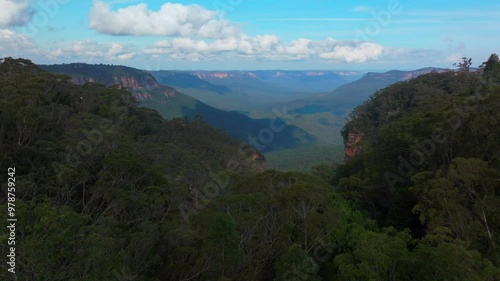 Blue Mountains aerial drone birds Cockatoo flying Katoomba Sydney NSW Australia sunny bluesky Three Sisters Echo Point Lookout cliff walk National Park Gum Tree Eucalyptus Forest afternoon static photo