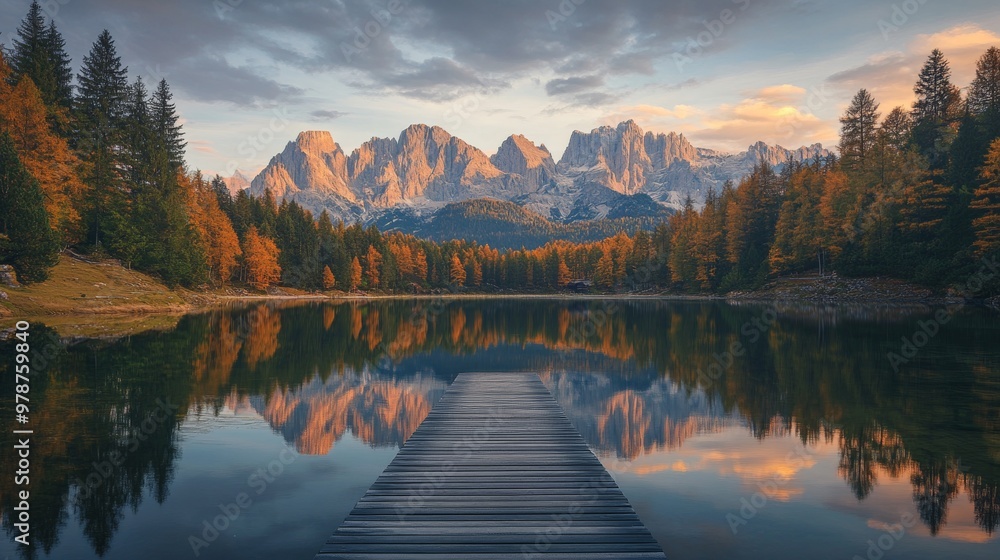 Fototapeta premium Autumn sunset on Misurina lake with wooden walkway in foreground and Dolomite Alps in background, Italy.
