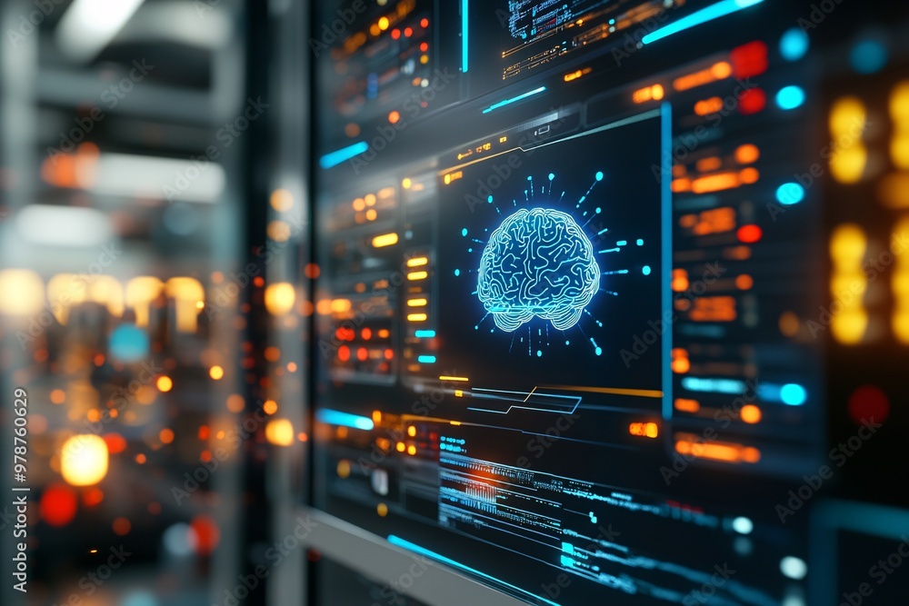 A large digital screen showcases an AI chatbot interface with an ...