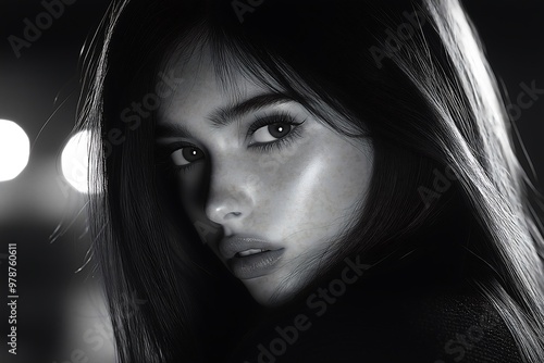 Dramatic Black and White Portrait of a Young Woman at Night photo