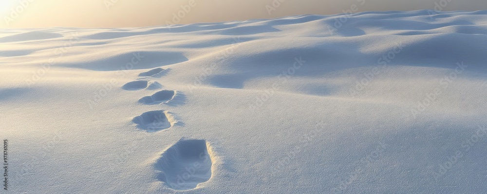 Footprints in fresh snow lead across a serene winter landscape, creating a sense of solitude and exploration. Footprints in fresh snow lead across a serene winter landscape, creating a sense of solitude and exploration.