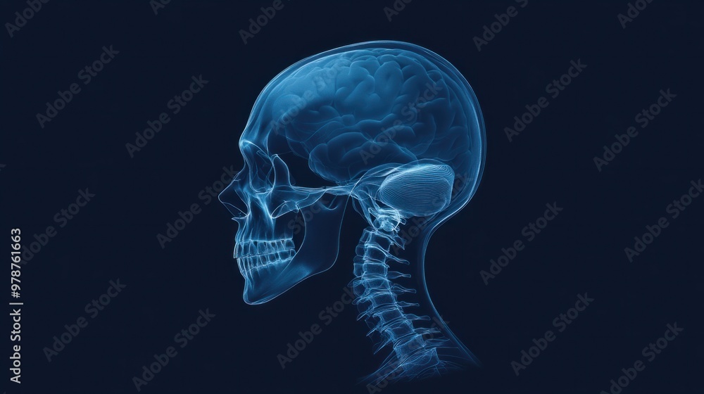 A flat X-ray icon showing a side view of the human skull, designed in dark blue tones. A flat X-ray icon showing a side view of the human skull, designed in dark blue tones.
