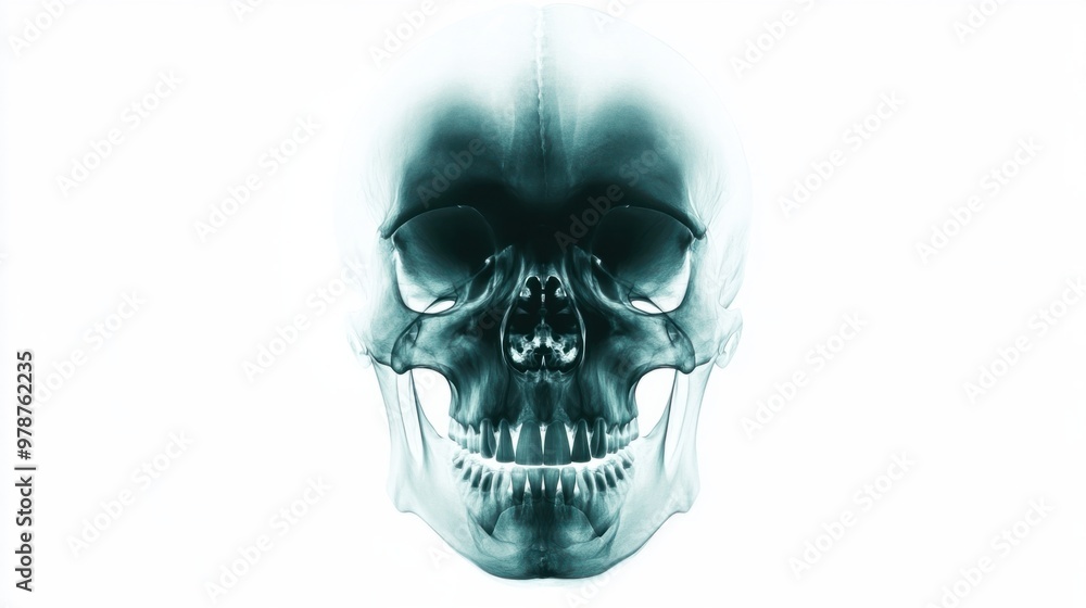 A simple X-ray icon of a human skull with visible jawbone and teeth, isolated on a white background. A simple X-ray icon of a human skull with visible jawbone and teeth, isolated on a white background.