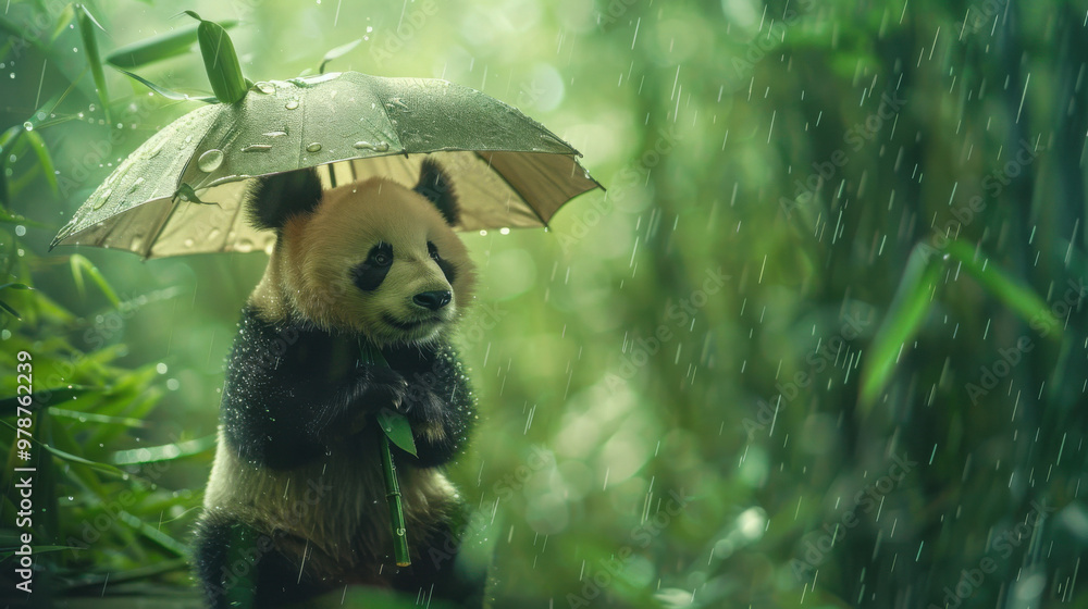 Obraz premium Adorable panda tilts in bamboo forest, clutching a leaf as an umbrella, symbolizing human-nature harmony amidst rain.