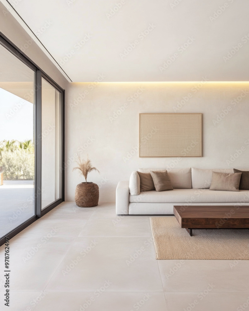 Fototapeta premium Modern minimalist living room with large windows and neutral decor in a sunny residential space