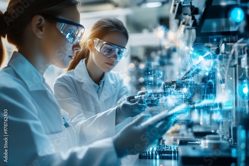 Male and female engineers in a state-of-the-art electronics manufacturing facility, working on advanced circuitry while visualizing digital data streams