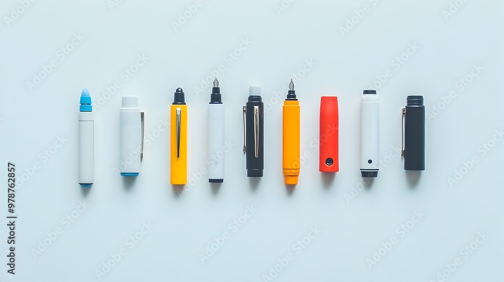 Variety of Colorful Pens Arranged on a White Surface Variety of Colorful Pens Arranged on a White Surface