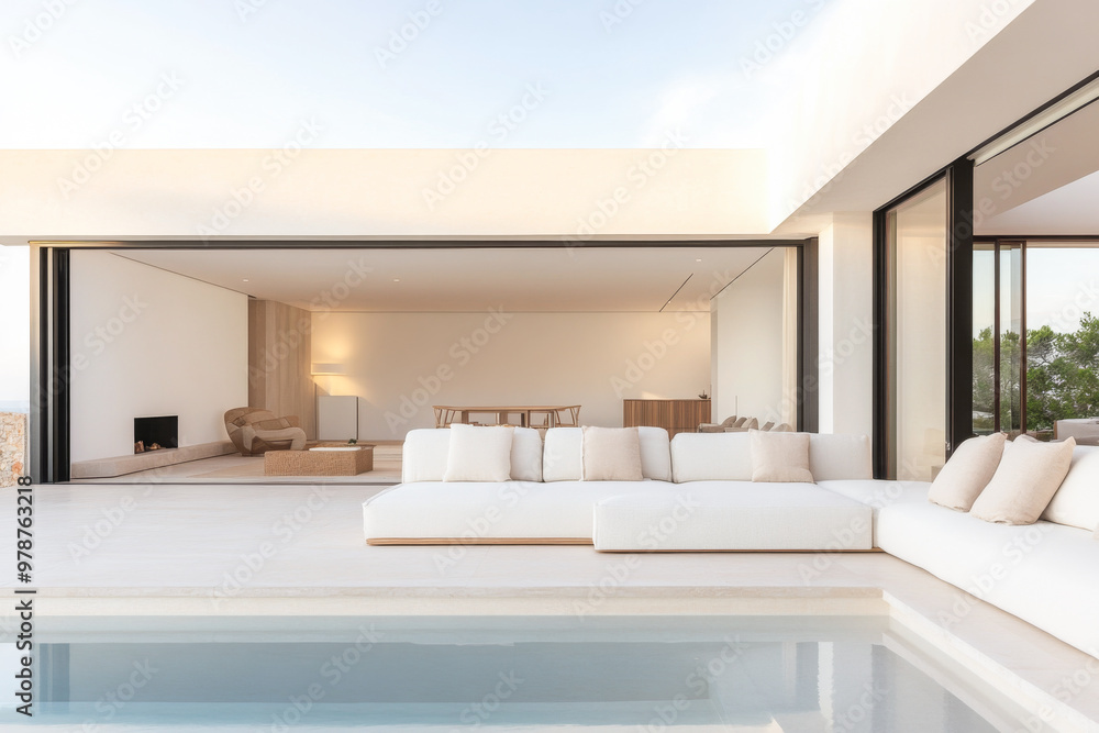 Modern open-concept living space with sleek furniture and a stunning view by the pool during daylight hours Modern open-concept living space with sleek furniture and a stunning view by the pool during daylight hours