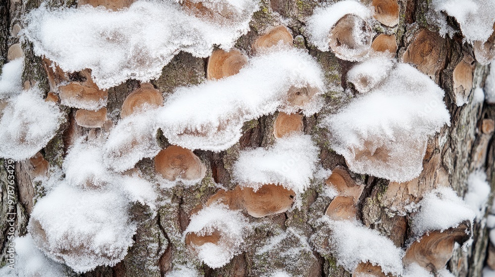 Snow-Covered Tree Bark with Distinctive Circular Patterns Snow-Covered Tree Bark with Distinctive Circular Patterns