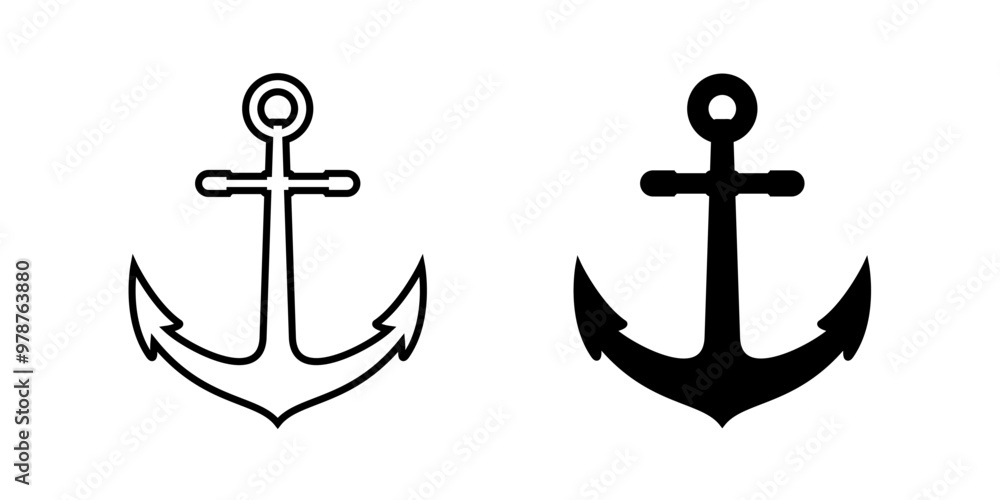 Anchors icons set. Ship sailing anchor line and flat icon collections. Nautical seafaring tools, boat equipment symbol. For app, web, label, tattoo, sticker. Vector illustration Anchors icons set. Ship sailing anchor line and flat icon collections. Nautical seafaring tools, boat equipment symbol. For app, web, label, tattoo, sticker. Vector illustration