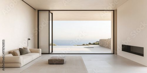 Modern minimalist living room with ocean view overlooking a serene landscape during daylight hours